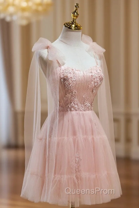 A Line Sweetheart Neck Pink Short Evening Prom Dress, Evening Puffy Pink Homecoming Dress with Lace Applique Beading