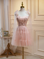 A Line Sweetheart Neck Pink Short Evening Prom Dress, Evening Puffy Pink Homecoming Dress with Lace Applique Beading