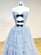 A-Line Sweetheart Neck Polka Dots Tulle Blue Long Evening Prom Dress, Blue Long Evening Dress