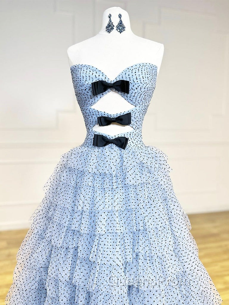A-Line Sweetheart Neck Polka Dots Tulle Blue Long Evening Prom Dress, Blue Long Evening Dress