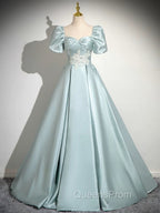 A-Line Sweetheart Neck Puff Sleeves Satin Blue Long Evening Prom Dress, Blue Long Evening Dress