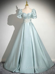 A-Line Sweetheart Neck Puff Sleeves Satin Blue Long Evening Prom Dress, Blue Long Evening Dress