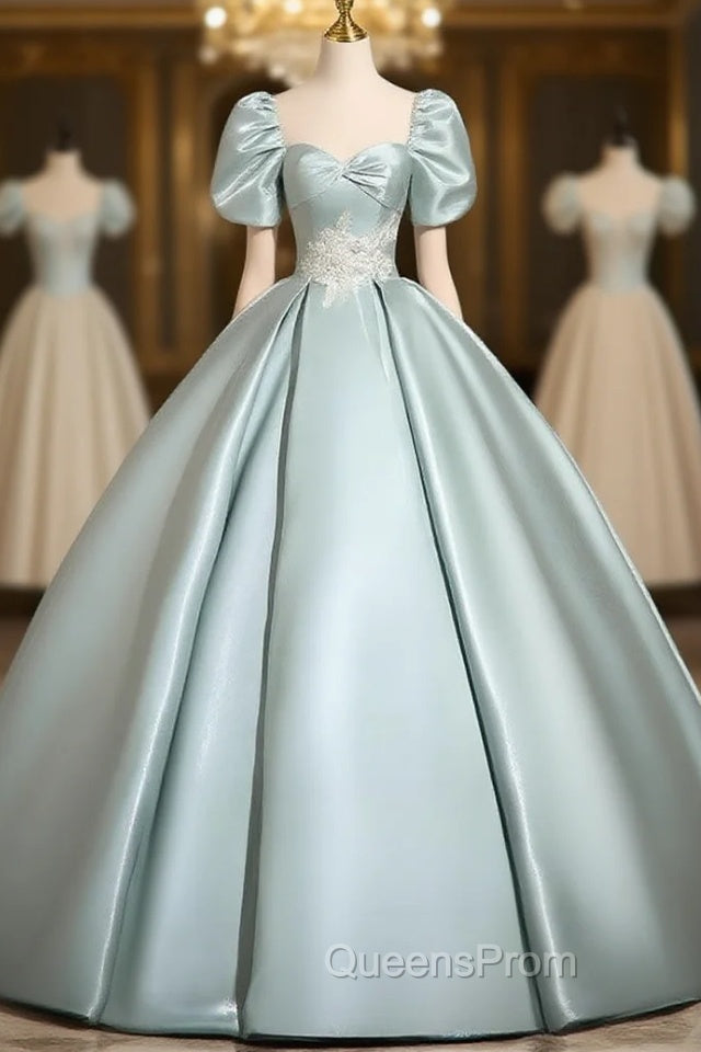 A-Line Sweetheart Neck Puff Sleeves Satin Blue Long Evening Prom Dress, Blue Long Evening Dress Main image