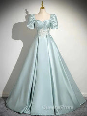 A-Line Sweetheart Neck Puff Sleeves Satin Quinceanera Dress Blue Long Evening Prom Dress Elegant Evening Dress