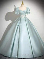 A-Line Sweetheart Neck Puff Sleeves Satin Quinceanera Dress Blue Long Evening Prom Dress Elegant Evening Dress