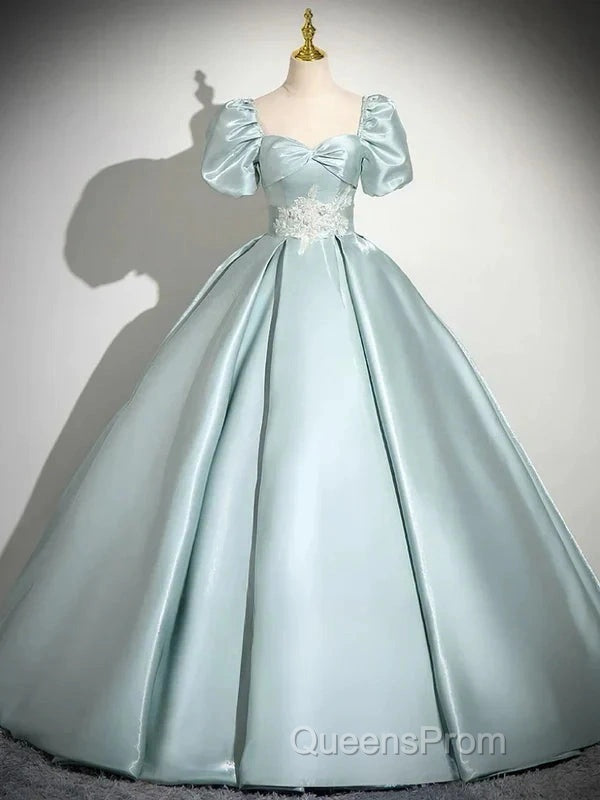 A-Line Sweetheart Neck Puff Sleeves Satin Quinceanera Dress Blue Long Evening Prom Dress Elegant Evening Dress