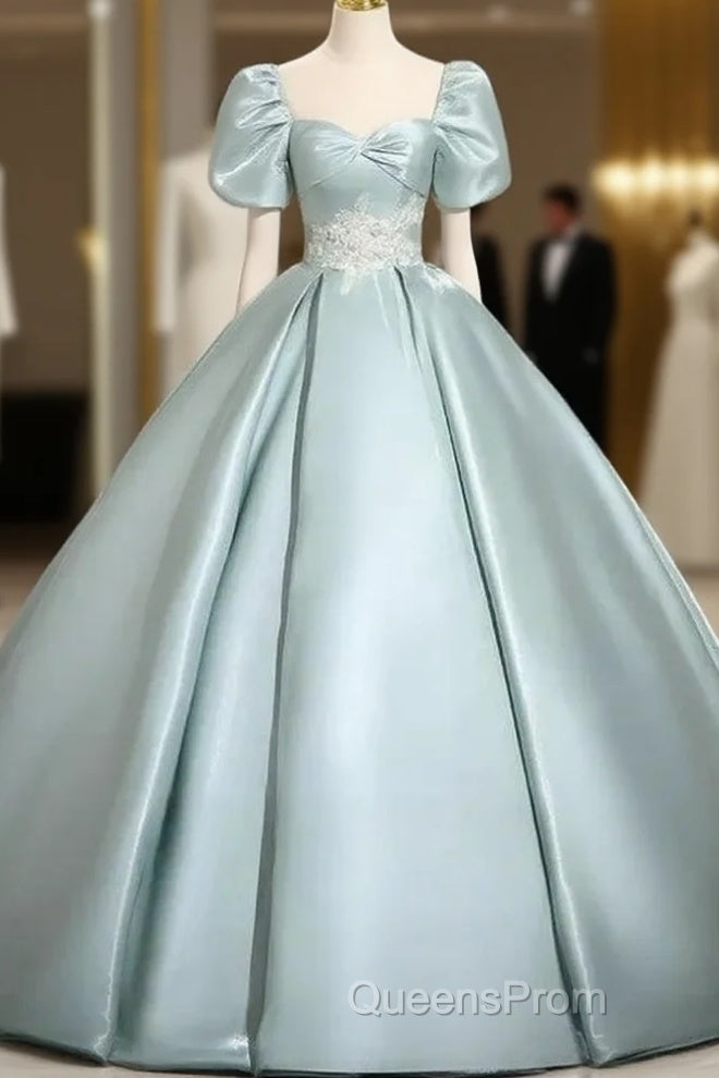 A-Line Sweetheart Neck Puff Sleeves Satin Quinceanera Dress Blue Long Evening Prom Dress Elegant Evening Dress Main image