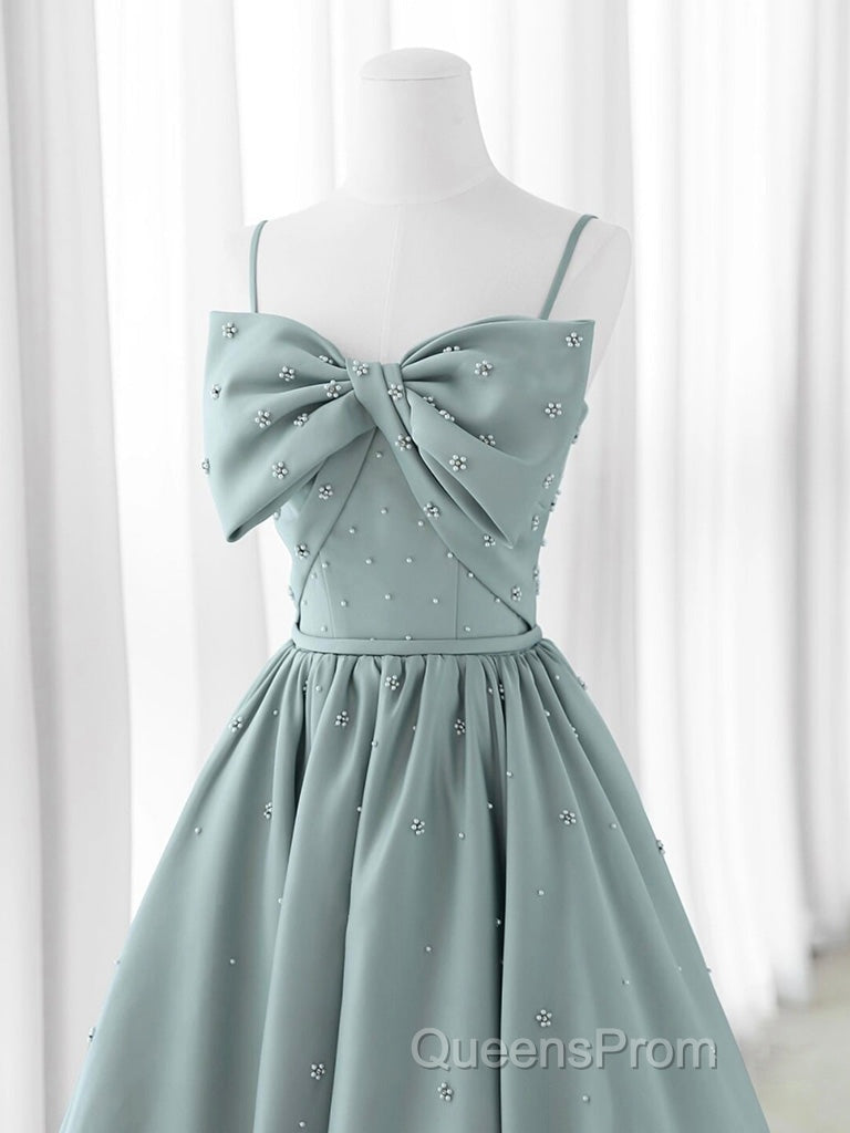 A-Line Sweetheart Neck Satin Beads Blue Long Evening Prom Dress, Blue Formal Dress