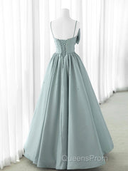 A-Line Sweetheart Neck Satin Beads Blue Long Evening Prom Dress, Blue Formal Dress