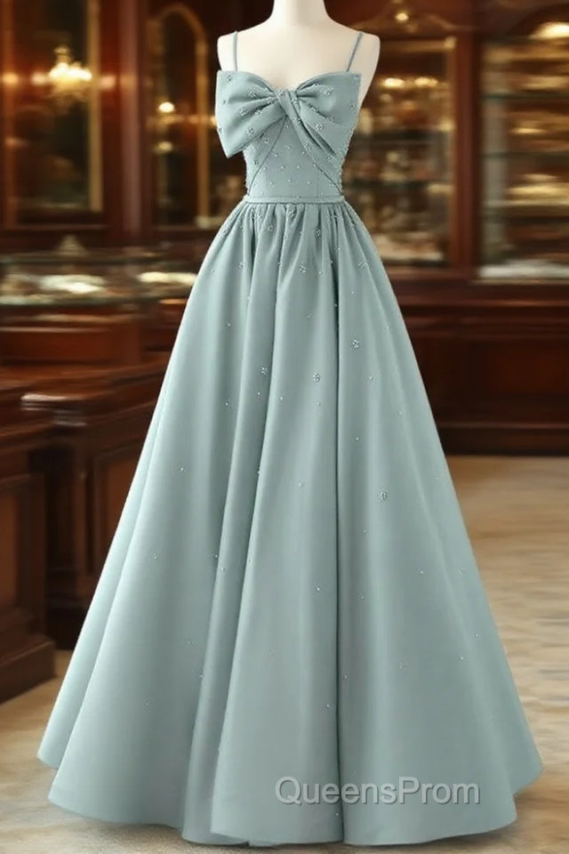 A-Line Sweetheart Neck Satin Beads Blue Long Evening Prom Dress, Blue Formal Dress Main image
