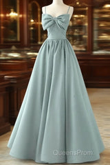 A-Line Sweetheart Neck Satin Beads Blue Long Evening Prom Dress, Blue Formal Dress