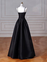 A-Line Sweetheart Neck Satin Black Long Prom Dress, Black Long Evening Dress