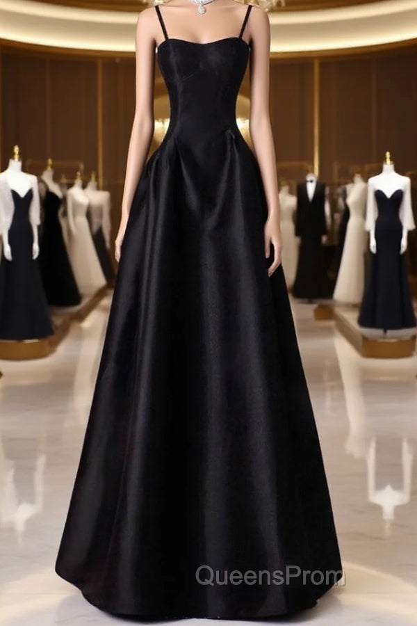 A-Line Sweetheart Neck Satin Black Long Evening Prom Dress, Black Long Evening Dress Main image