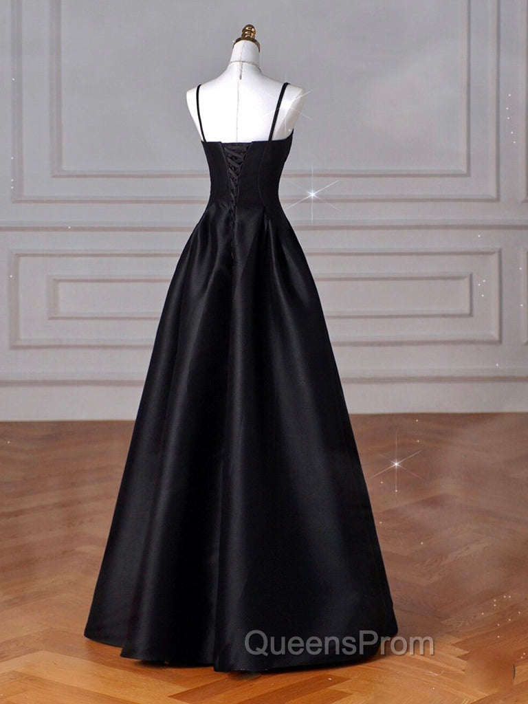 A-Line Sweetheart Neck Satin Black Long Evening Prom Dress, Black Long Evening Dress