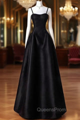 A-Line Sweetheart Neck Satin Black Long Evening Prom Dress, Black Long Evening Dress