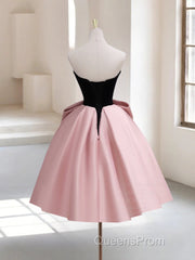 A-Line Sweetheart Neck Satin Black/Pink Short Evening Prom Dress, Cute Homecoming Dress