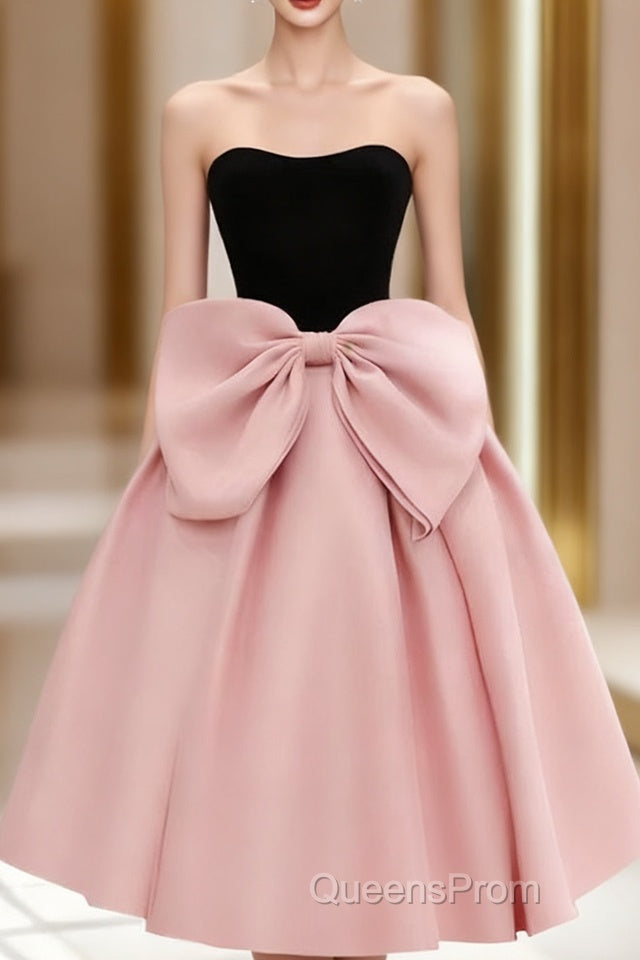 A-Line Sweetheart Neck Satin Black/Pink Short Evening Prom Dress, Cute Homecoming Dress Main image