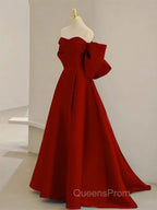 A-Line Sweetheart Neck  Satin Burgundy Long Evening Prom Dress with Bow