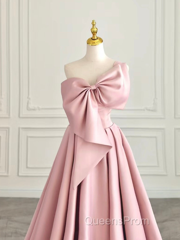 A-Line Sweetheart Neck Satin Pink Long Evening Prom Dress, Pink Long Evening Dress