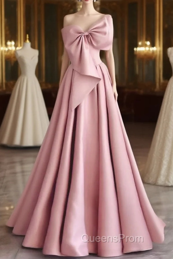 A-Line Sweetheart Neck Satin Pink Long Evening Prom Dress, Pink Long Evening Dress Main image