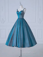 A-Line Sweetheart Neck Satin Tea Length Blue Evening Prom Dress, Blue Evening Dress