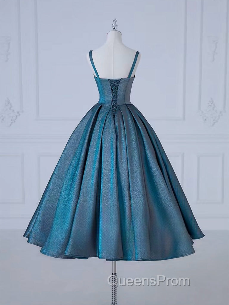 A-Line Sweetheart Neck Satin Tea Length Blue Evening Prom Dress, Blue Evening Dress