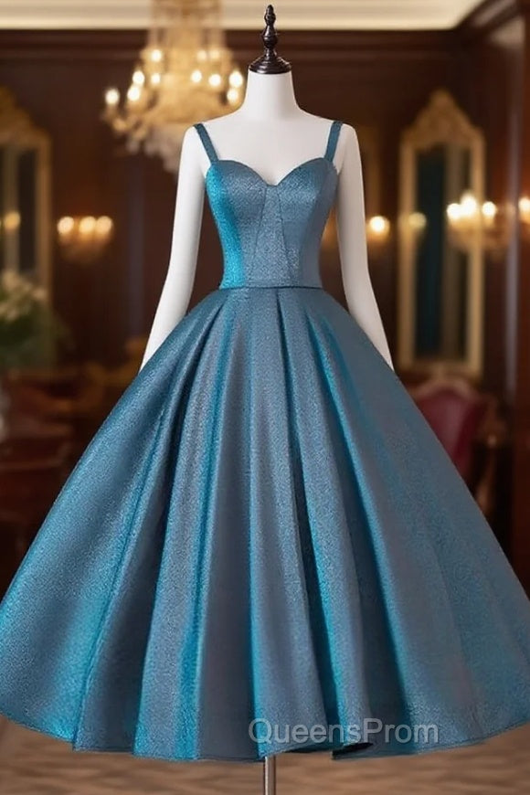 A-Line Sweetheart Neck Satin Tea Length Blue Evening Prom Dress, Blue Evening Dress