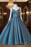 A-Line Sweetheart Neck Satin Tea Length Blue Evening Prom Dress, Blue Evening Dress