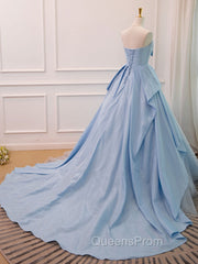 A-Line Sweetheart Neck Satin Tulle Blue Long Evening Prom Dress, Blue Evening Dress