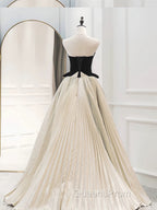 A-Line Sweetheart Neck Satin Velvet Champagne Long Evening Prom Dress, Champagne Long Evening Dress