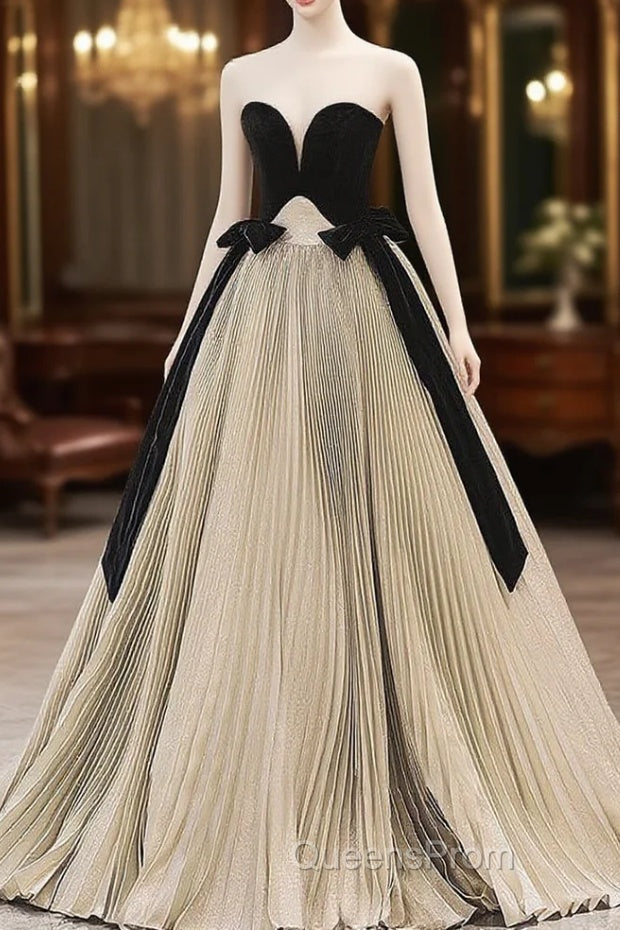 A-Line Sweetheart Neck Satin Velvet Champagne Long Evening Prom Dress, Champagne Long Evening Dress Main image