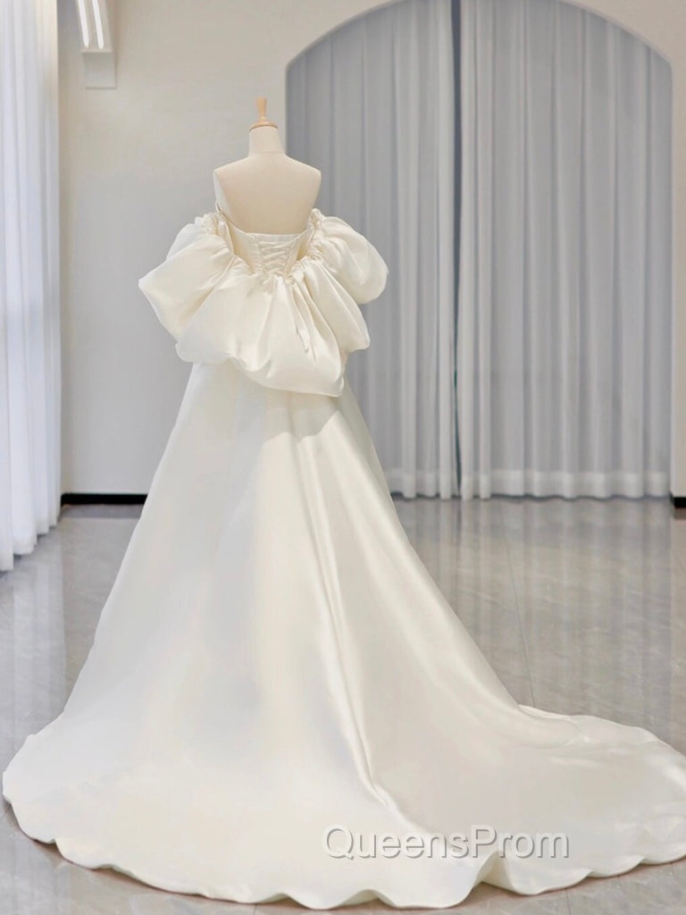 A-Line Sweetheart Neck Satin White Long Evening Prom Dress, White Long Evening Dress