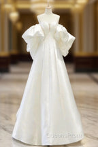 A-Line Sweetheart Neck Satin White Long Evening Prom Dress, White Long Evening Dress