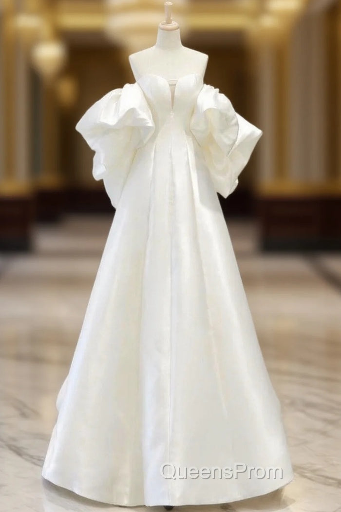 A-Line Sweetheart Neck Satin White Long Evening Prom Dress, White Long Evening Dress
