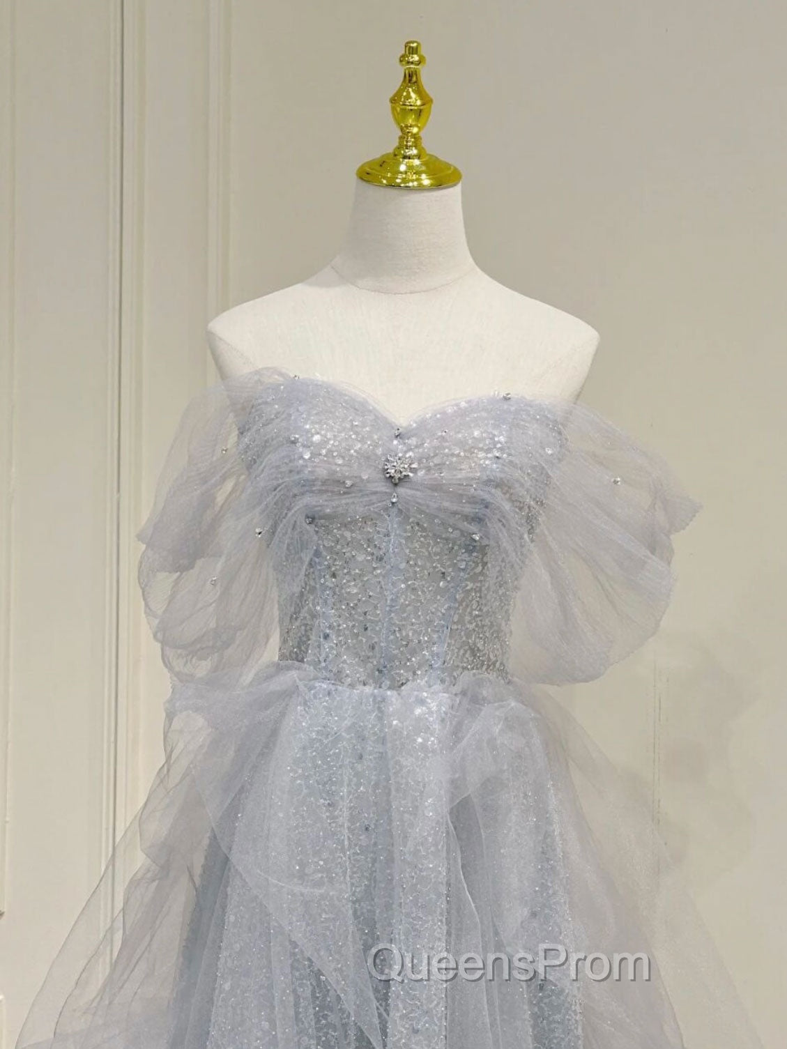 A-Line Sweetheart Neck Sequin Gray Long Evening Prom Dress, Gray Evening Dress