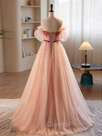 A-Line Sweetheart Neck Sequin Tulle Pink Long Evening Prom Dress, Pink Evening Dress