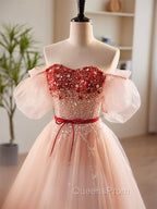 A-Line Sweetheart Neck Sequin Tulle Pink Long Evening Prom Dress, Pink Evening Dress