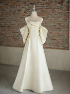A-Line Sweetheart Neck Sweep Train Satin Ivory Long Classy Prom Dress