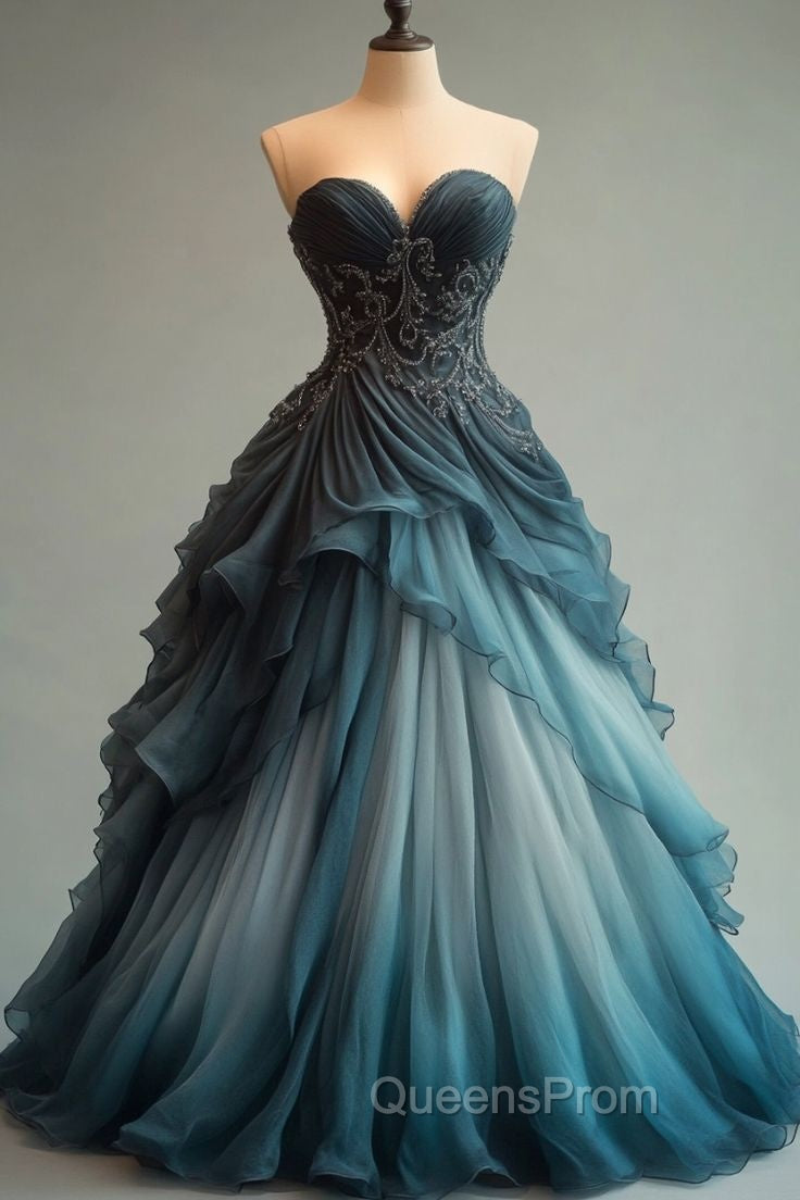 A-Line Sweetheart Neck Tulle Beaded Long Ball Gown Elegant Evening Dress Secondary image