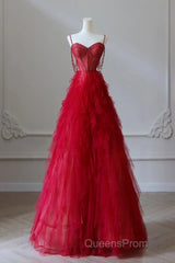 A-Line Sweetheart Neck Tulle Beads Burgundy Long Evening Prom Dress