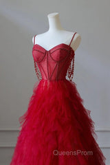 A-Line Sweetheart Neck Tulle Beads Burgundy Long Evening Prom Dress