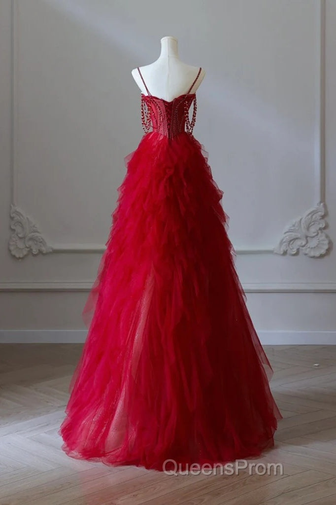 A-Line Sweetheart Neck Tulle Beads Burgundy Long Evening Prom Dress