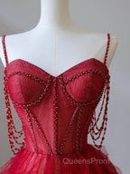A-Line Sweetheart Neck Tulle Beads Burgundy Long Evening Prom Dress