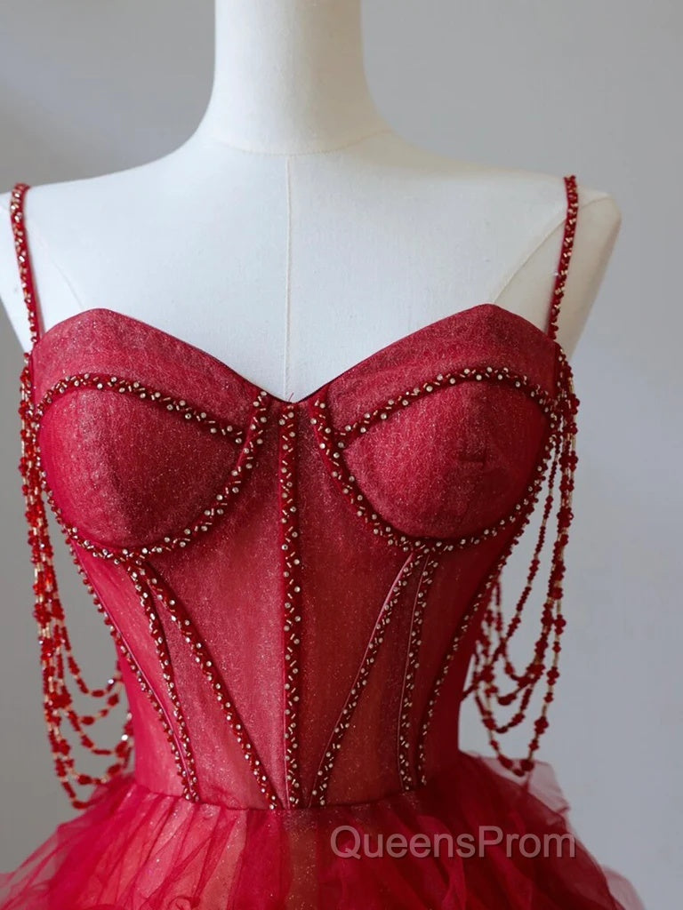 A-Line Sweetheart Neck Tulle Beads Burgundy Long Evening Prom Dress
