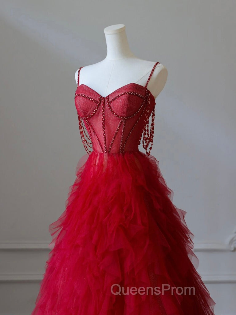 A-Line Sweetheart Neck Tulle Beads Burgundy Long Evening Prom Dress, Burgundy Evening Dress Secondary image