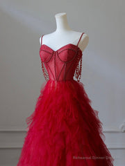 A-Line Sweetheart Neck Tulle Beads Burgundy Long Prom Dress, Burgundy Evening Dress