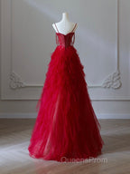 A-Line Sweetheart Neck Tulle Beads Burgundy Long Evening Prom Dress, Burgundy Evening Dress