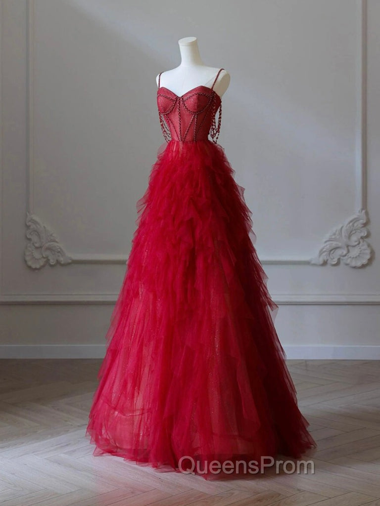 A-Line Sweetheart Neck Tulle Beads Burgundy Long Evening Prom Dress, Burgundy Evening Dress