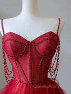 A-Line Sweetheart Neck Tulle Beads Burgundy Long Evening Prom Dress, Burgundy Evening Dress