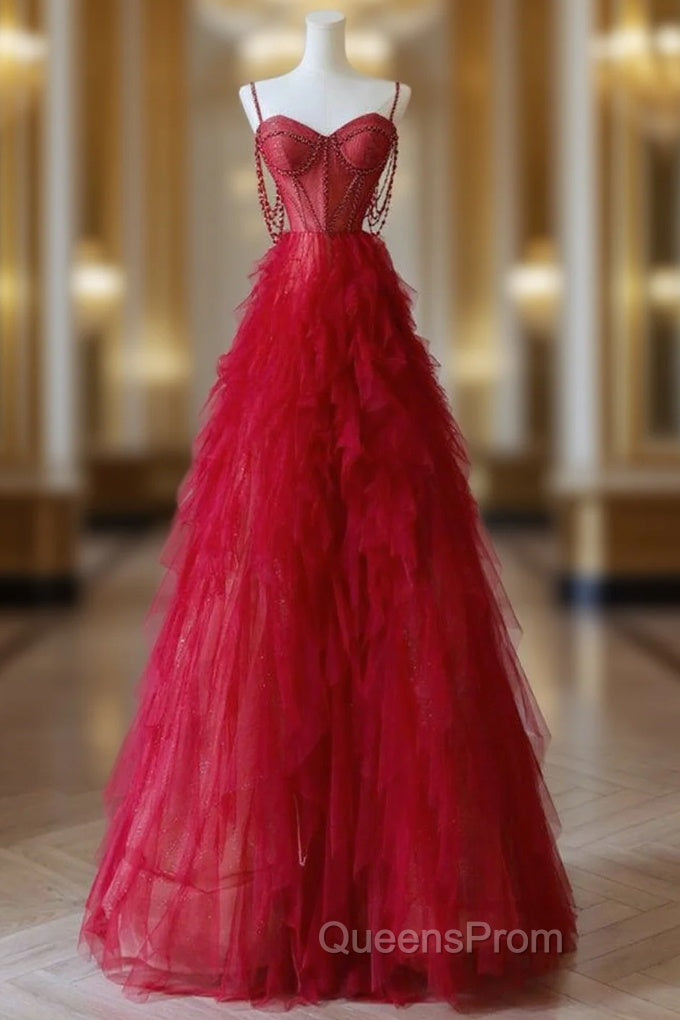 A-Line Sweetheart Neck Tulle Beads Burgundy Long Evening Prom Dress, Burgundy Evening Dress Main image